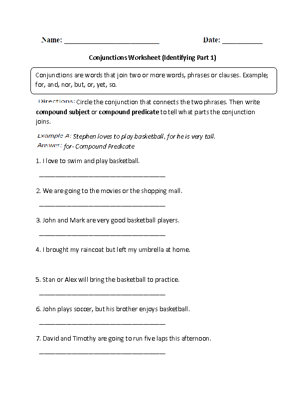 Conjunction Worksheets Grade 7