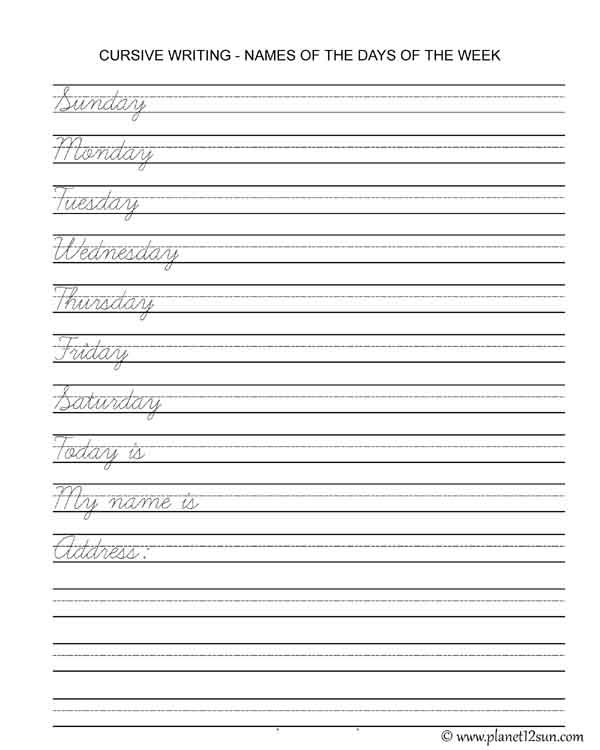 Cursive Practice Sheets Days Of The Week
