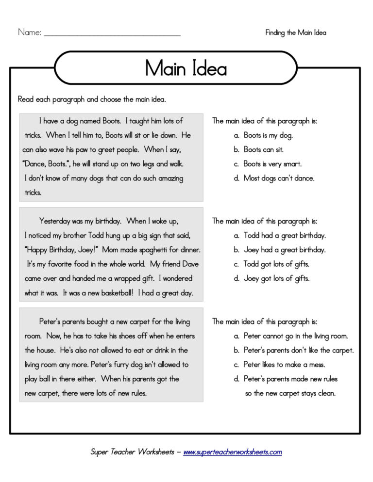 3rd Grade Main Idea Worksheets With Answer Key