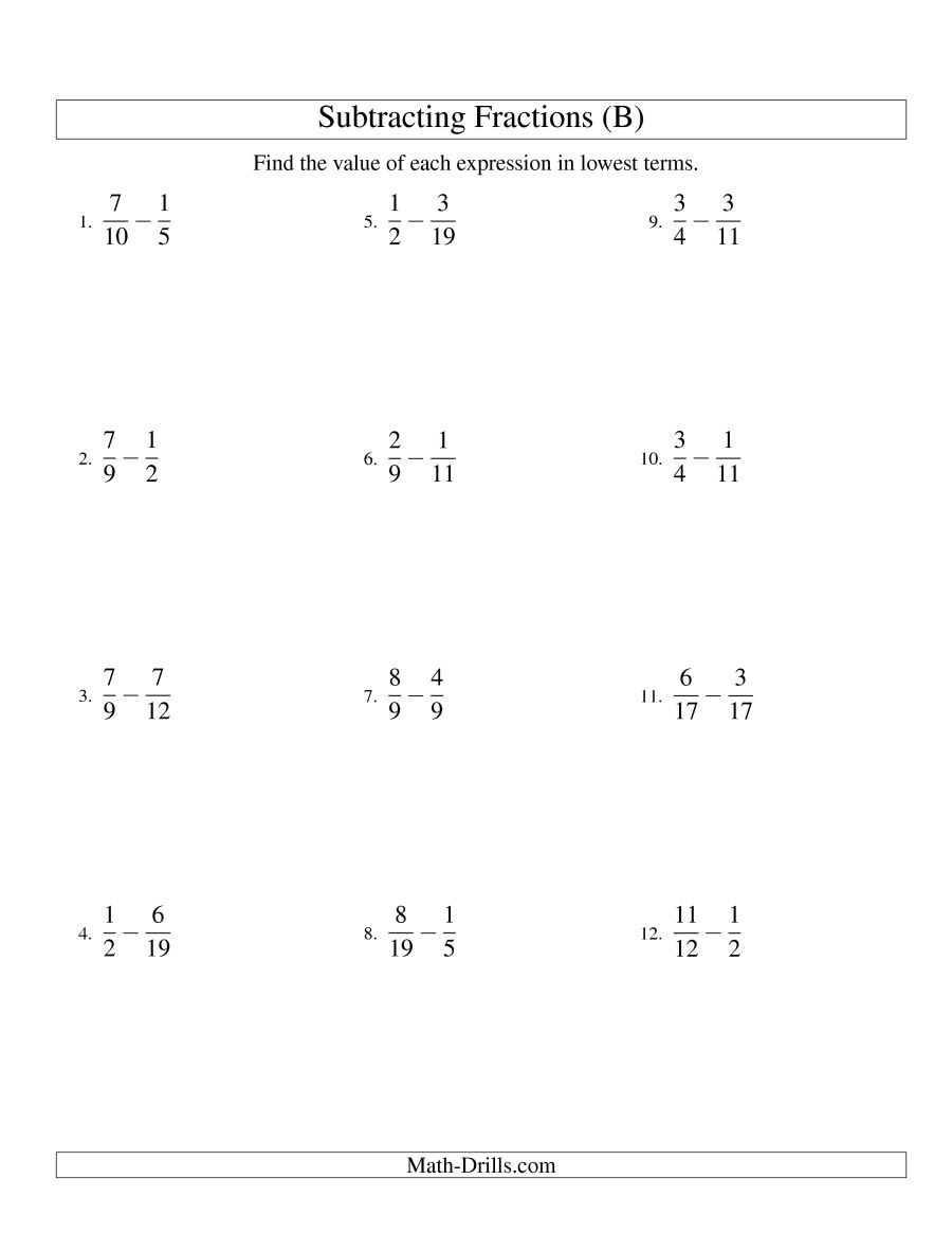 Adding And Subtracting Fractions Worksheets 7th Grade