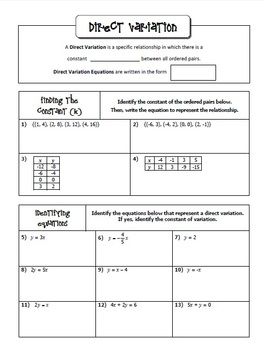 Grade 9 Direct Variation Worksheet