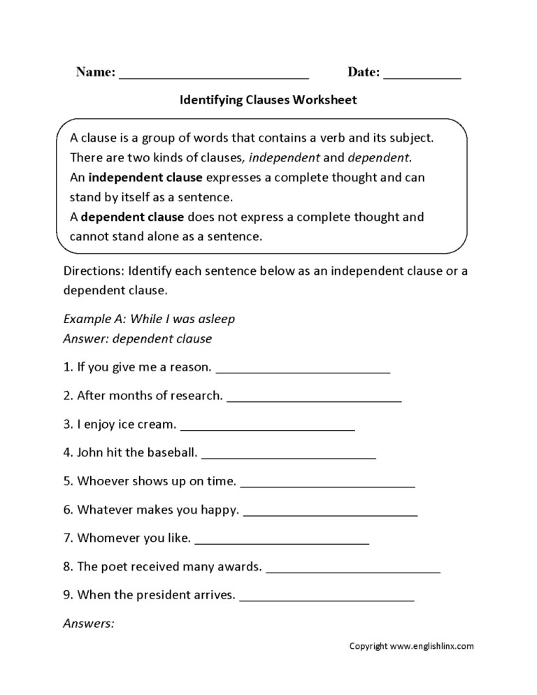 Independent And Dependent Clauses Worksheet With Answers Pdf
