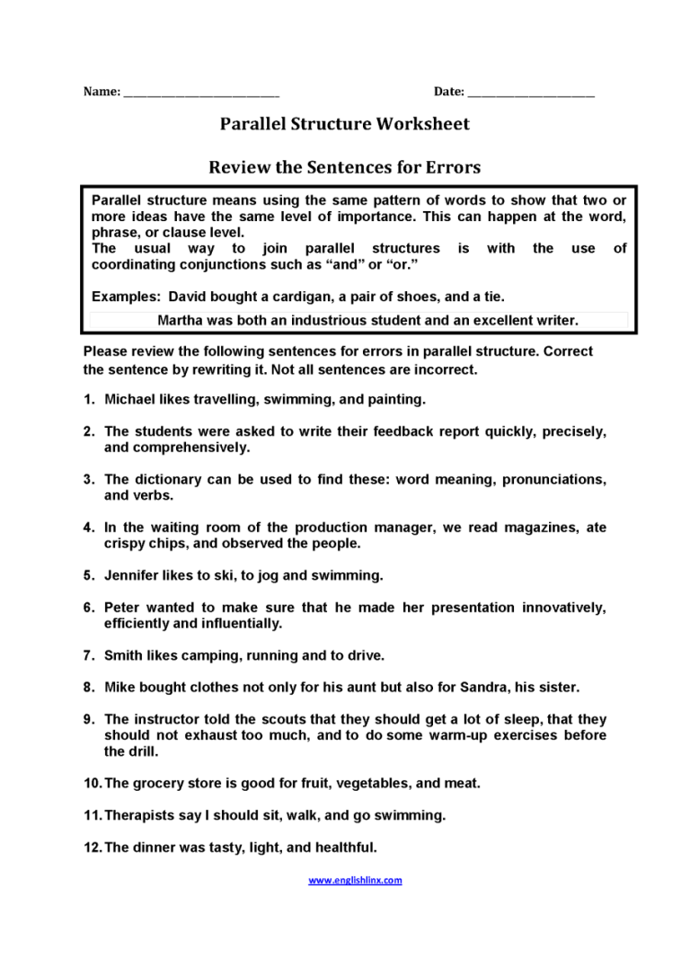 Parallel Structure Worksheet Finding The Errors Answer Key