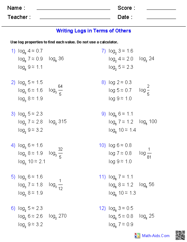 Logarithm Problems Worksheet