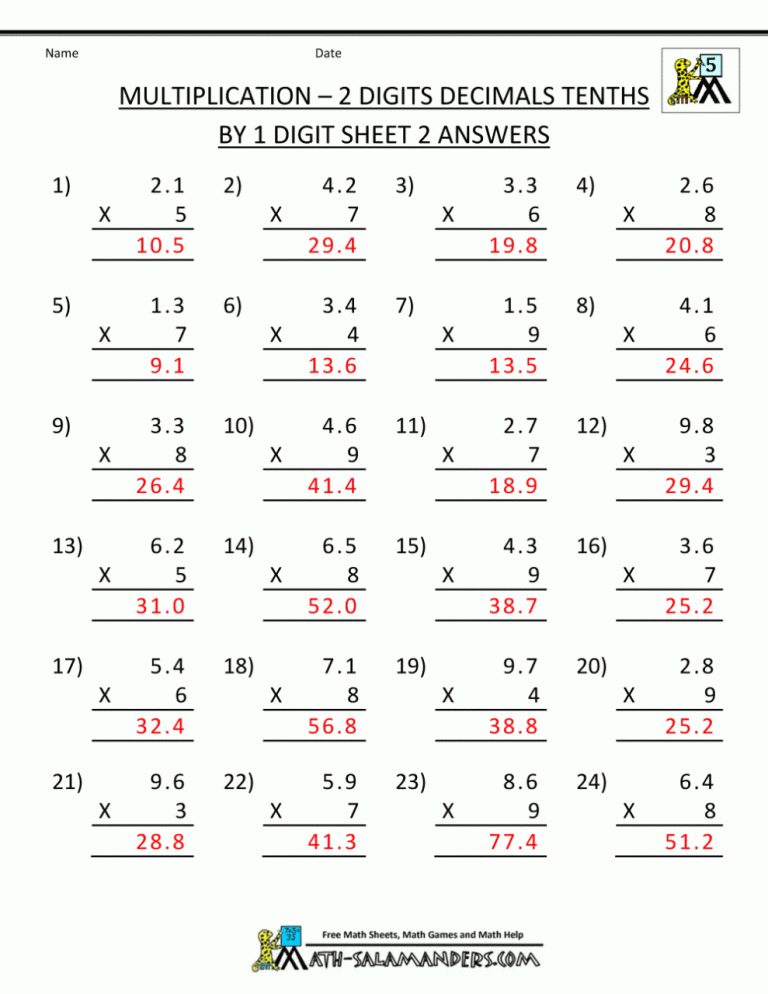 5th Grade Math Worksheets With Answer Key