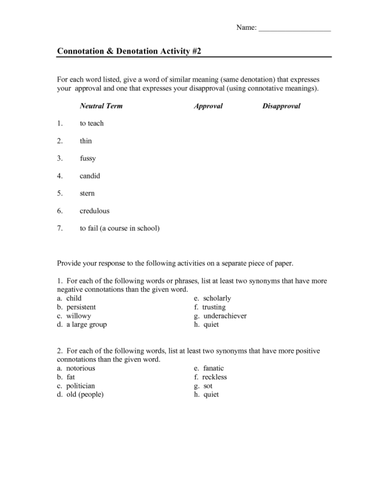 Connotation And Denotation Worksheets Pdf