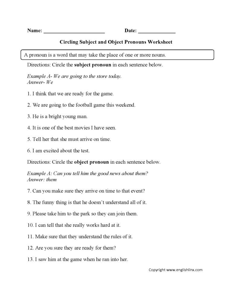 Object Pronouns Worksheet For Grade 3