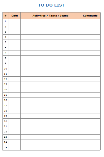 Daily Activities Worksheet Excel