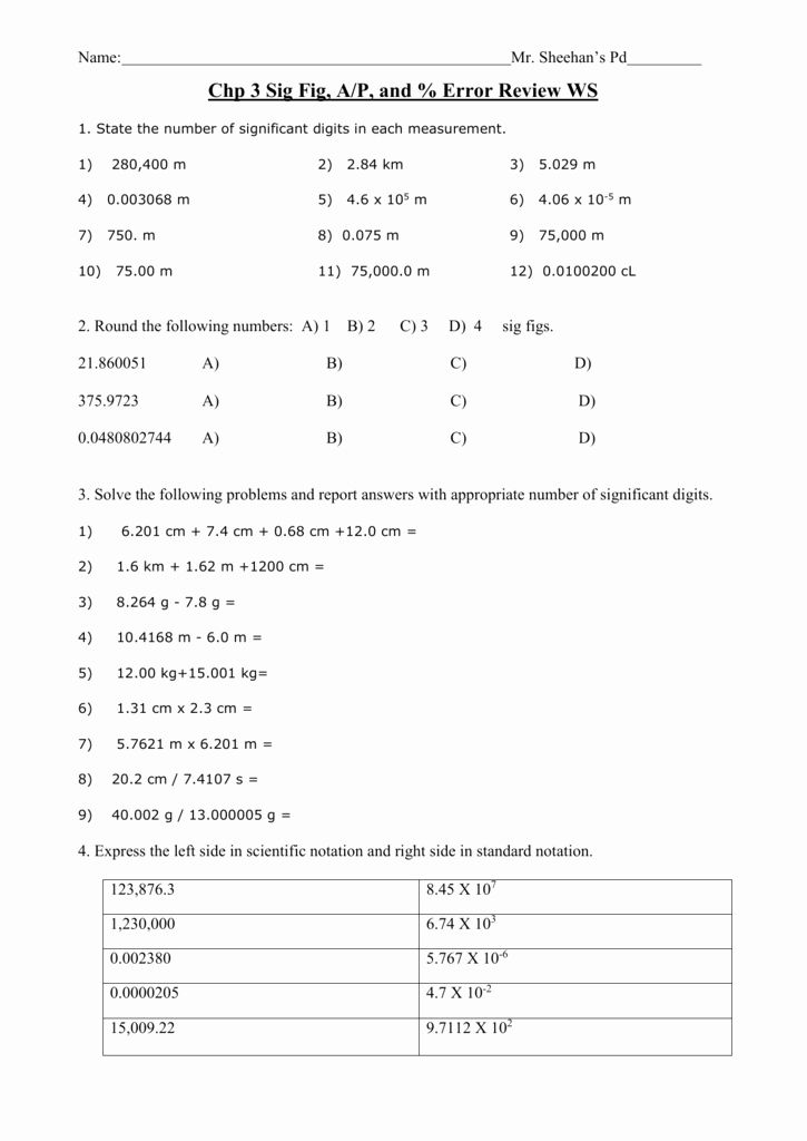 Significant Figures Practice Worksheet With Answers