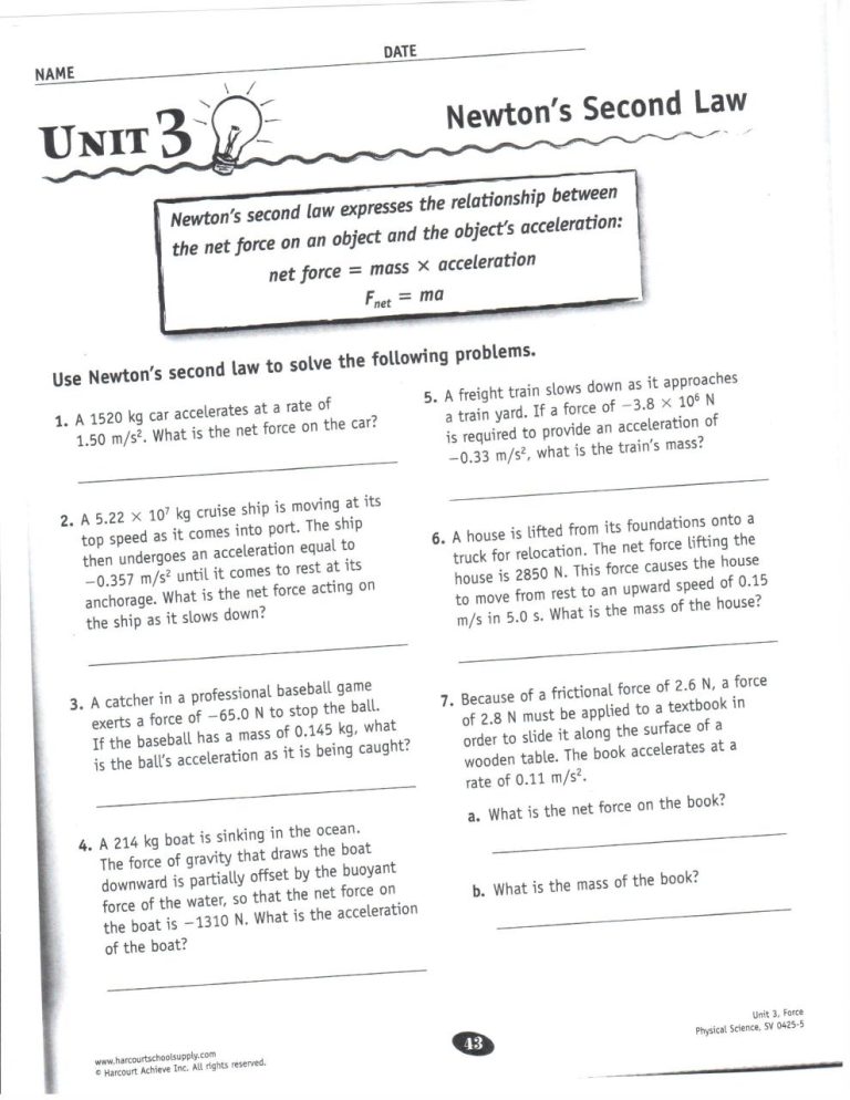 Newton's Second Law Of Motion Worksheet