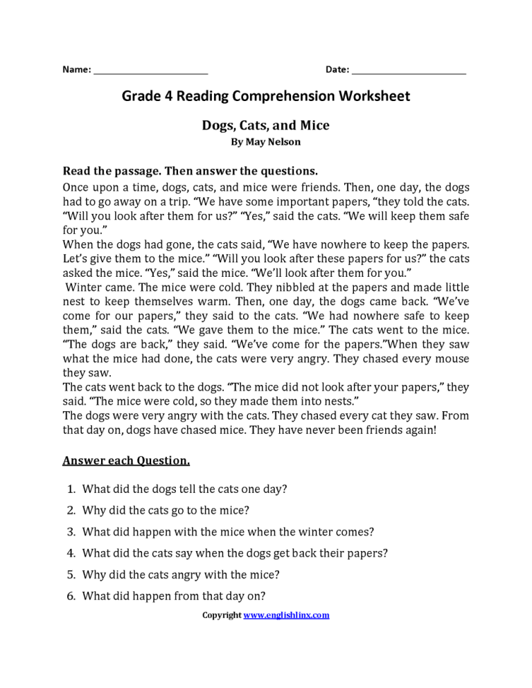 English Worksheets For Grade 4 With Answers