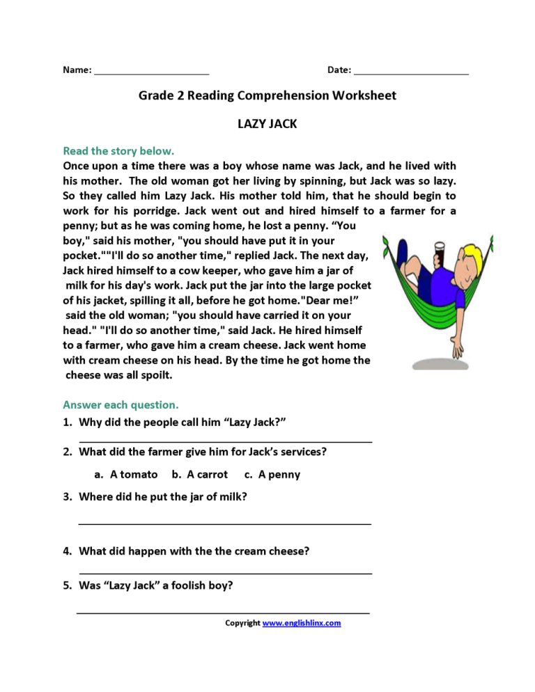 Free Reading Comprehension Worksheets Grade 2
