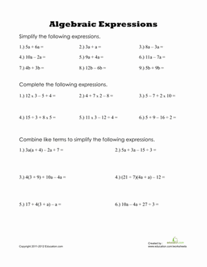 Algebraic Expressions Worksheets