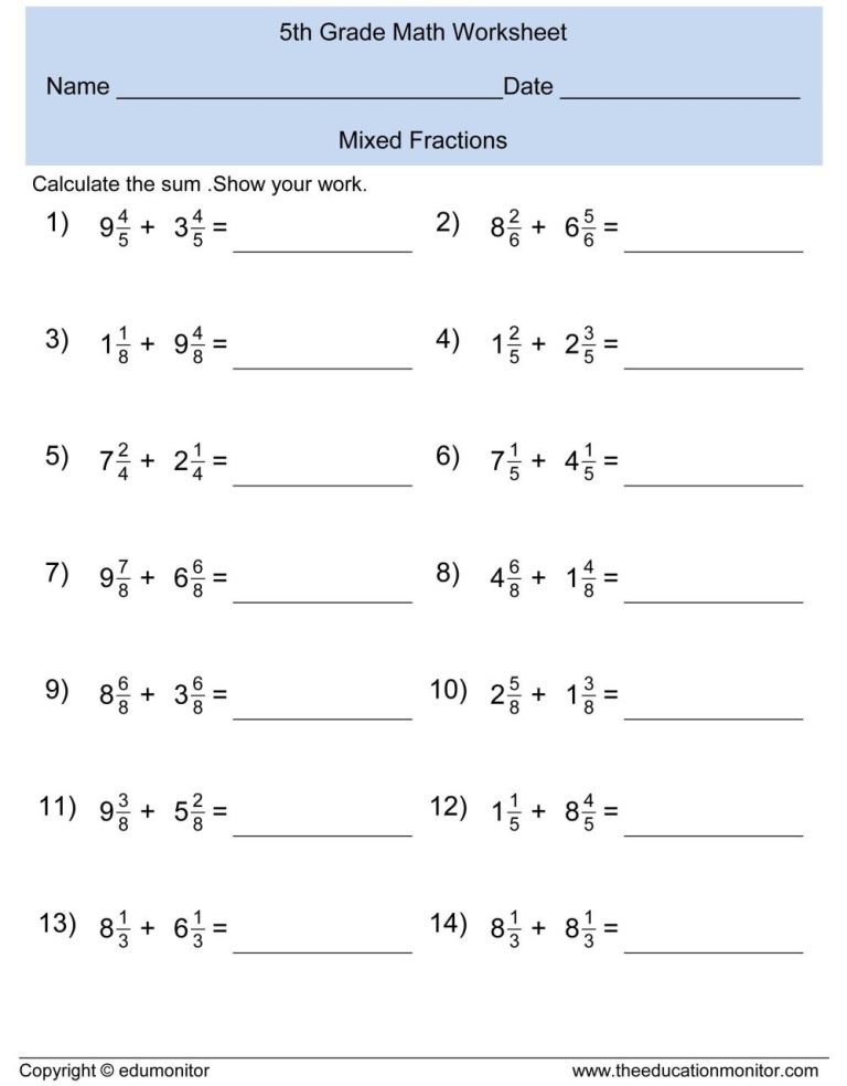 5th Grade Fractions Worksheets Grade 5
