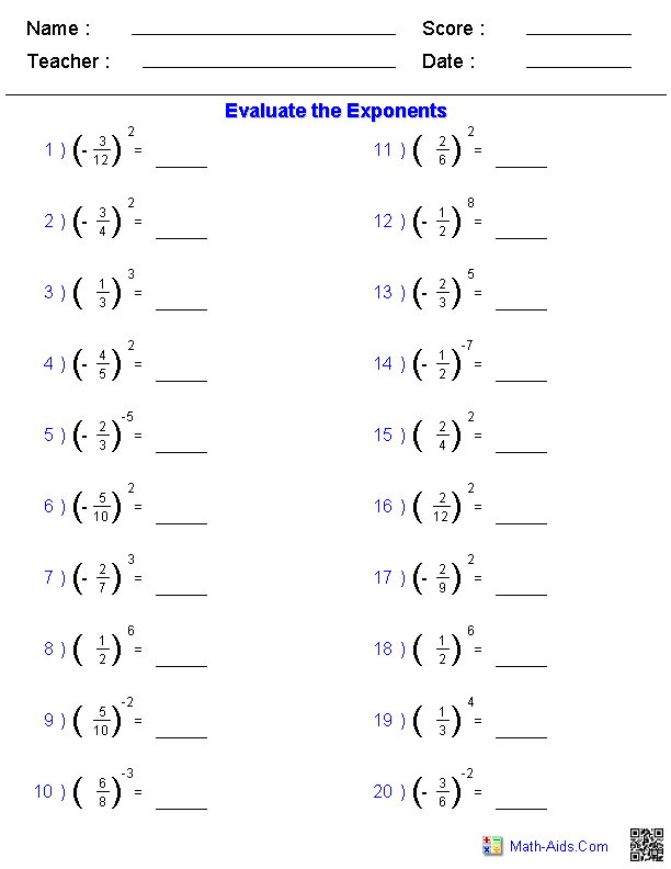 Negative Exponents Worksheet Answers