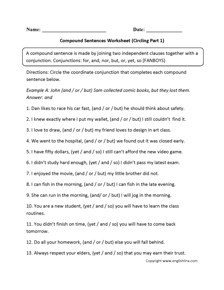 7th Grade Compound Sentences Worksheet With Answers
