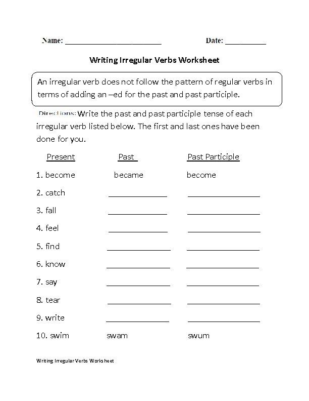 Irregular Verbs Worksheet Answers