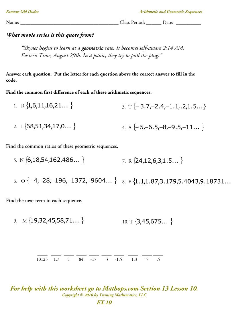 Arithmetic Sequence Worksheet 9th Grade