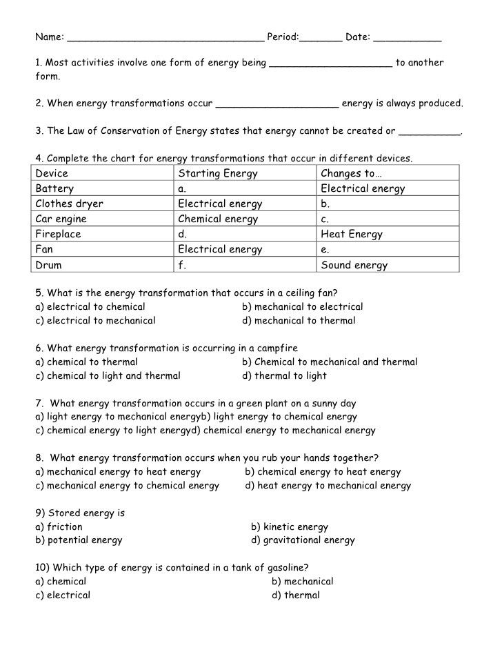 Energy Transformation Worksheet With Answers