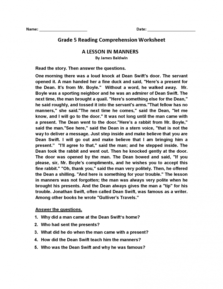 5th Grade Reading Worksheets