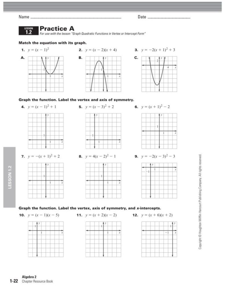 Quadratic Functions Worksheet Answers Algebra 2
