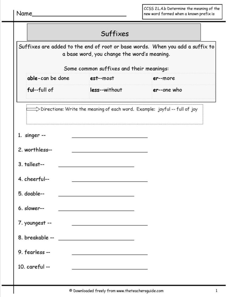Suffixes Worksheets 4th Grade