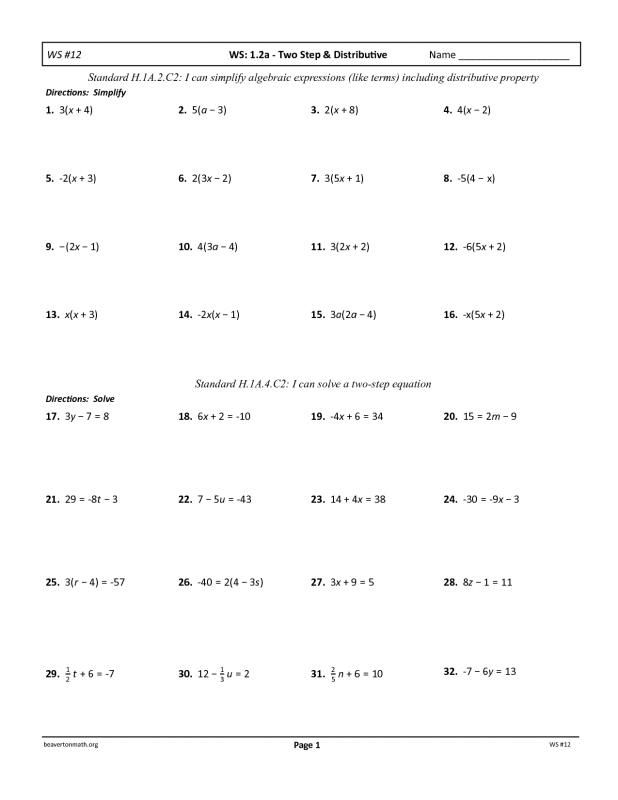 One Step Equations Worksheet 7th Grade