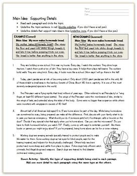 Main Idea And Supporting Details Worksheets 4th Grade
