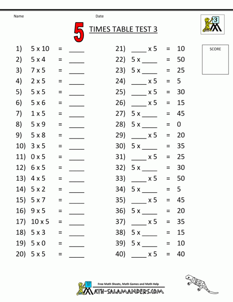 5th Grade Year 5 Times Tables Worksheets
