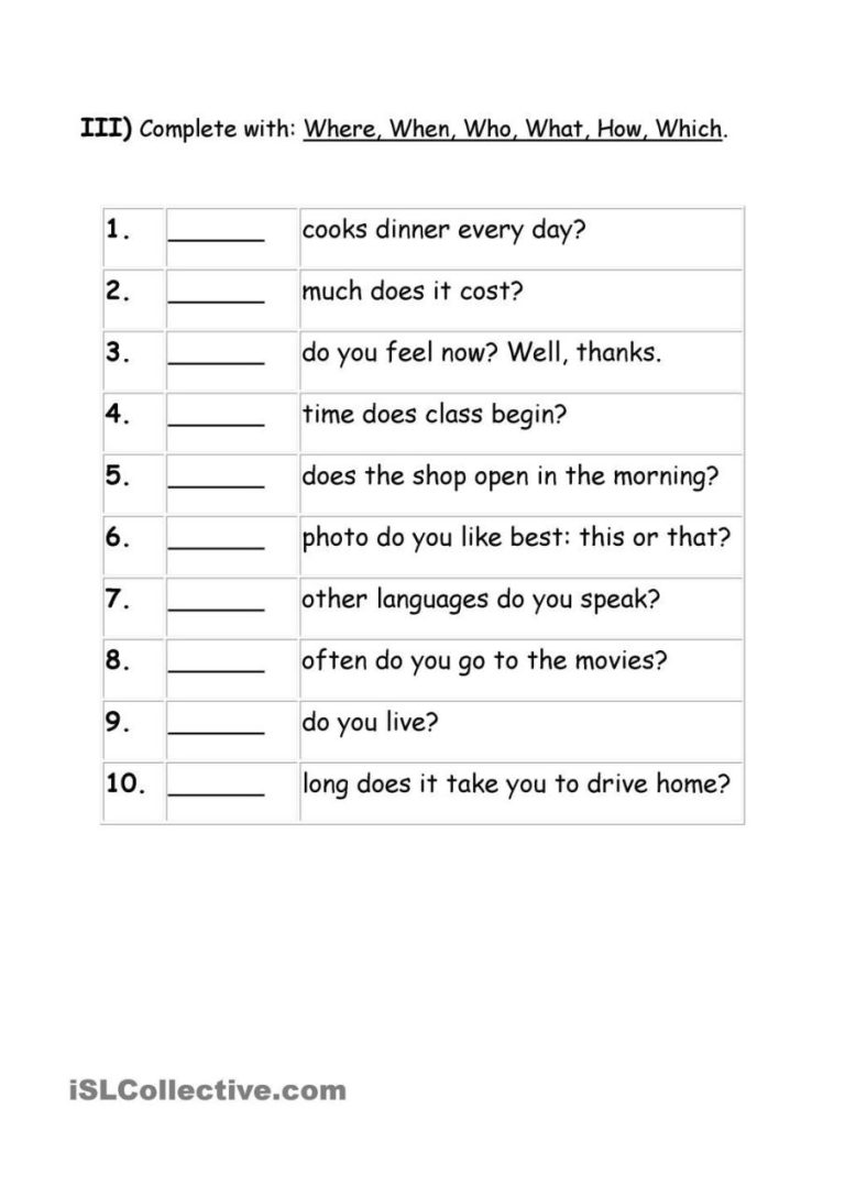 Question Words Worksheet For Grade 3