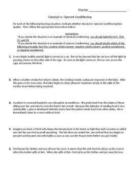 Classical Conditioning Worksheet Answer Key