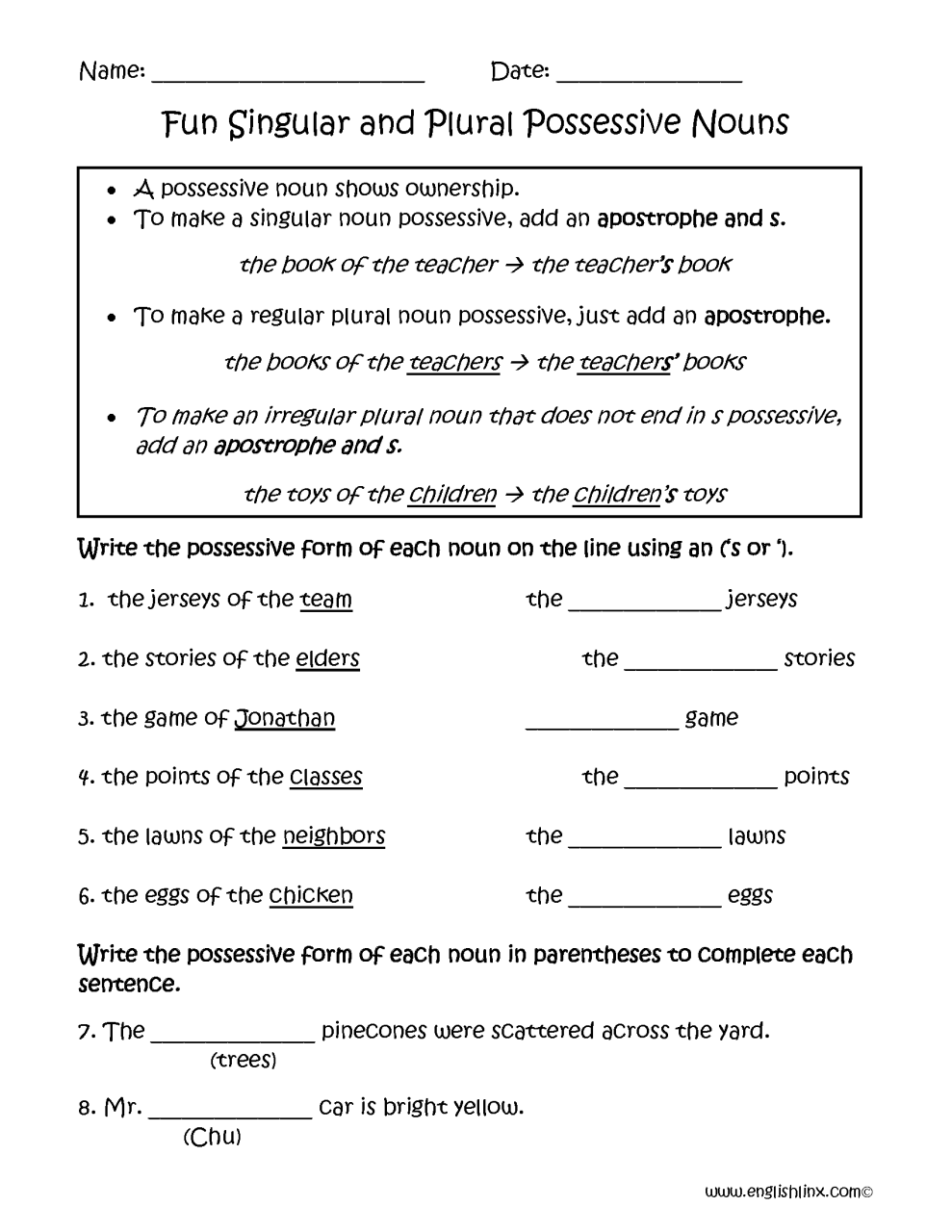Possessive Nouns Worksheet 3rd Grade