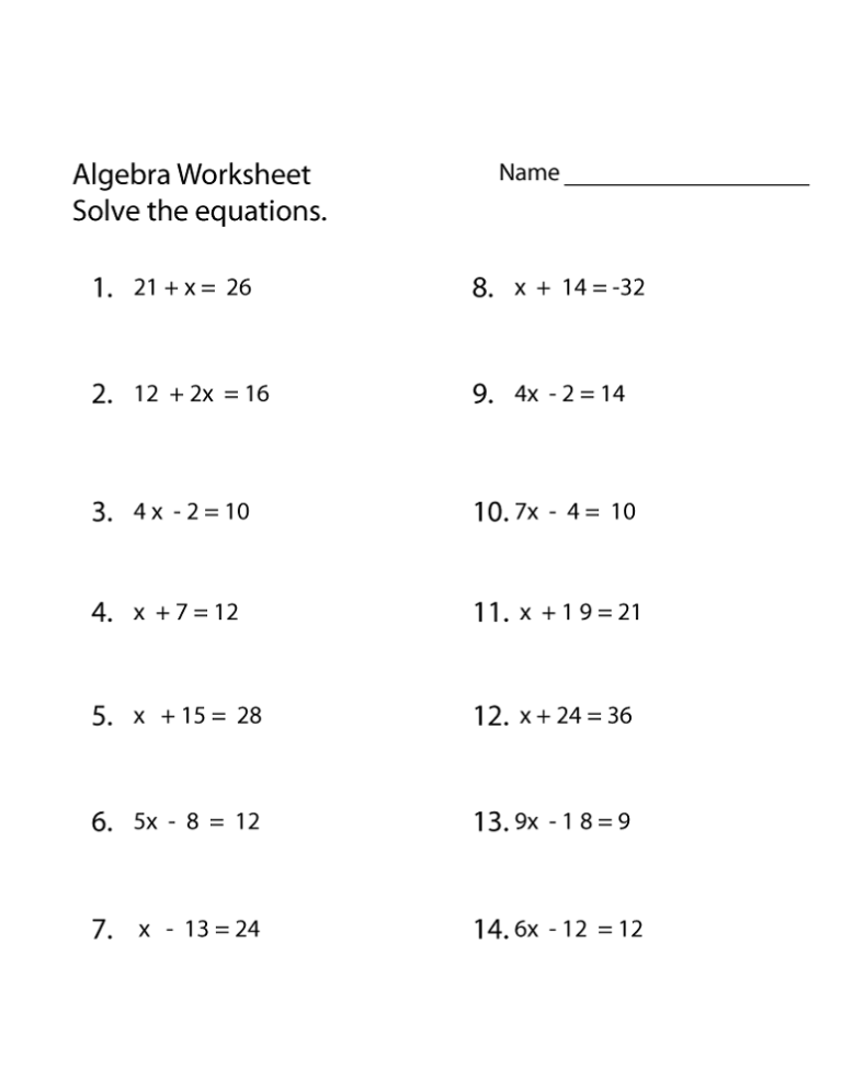 Algebra Worksheets Printable