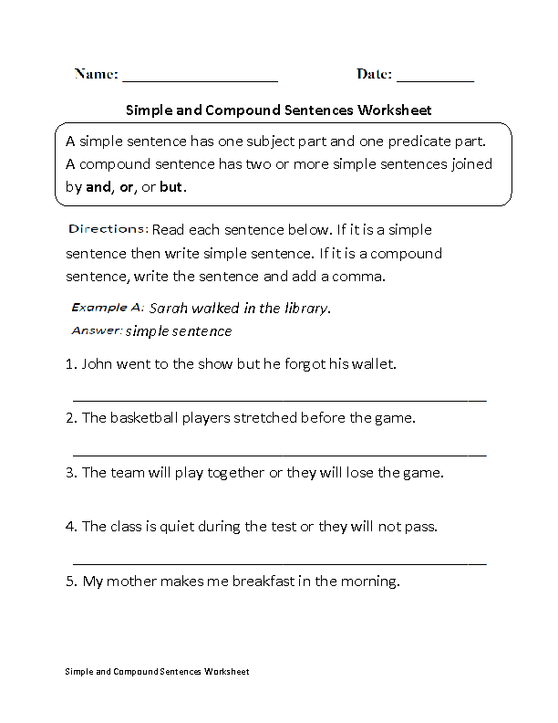 Simple Sentence Worksheet Grade 5