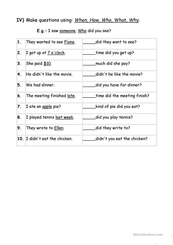 Question Words Worksheet For Kids