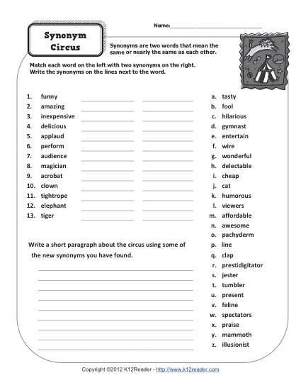 Synonyms Worksheet 4th Grade
