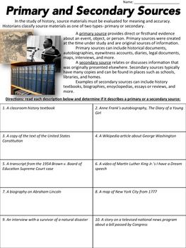 Primary And Secondary Sources Worksheet 6th Grade