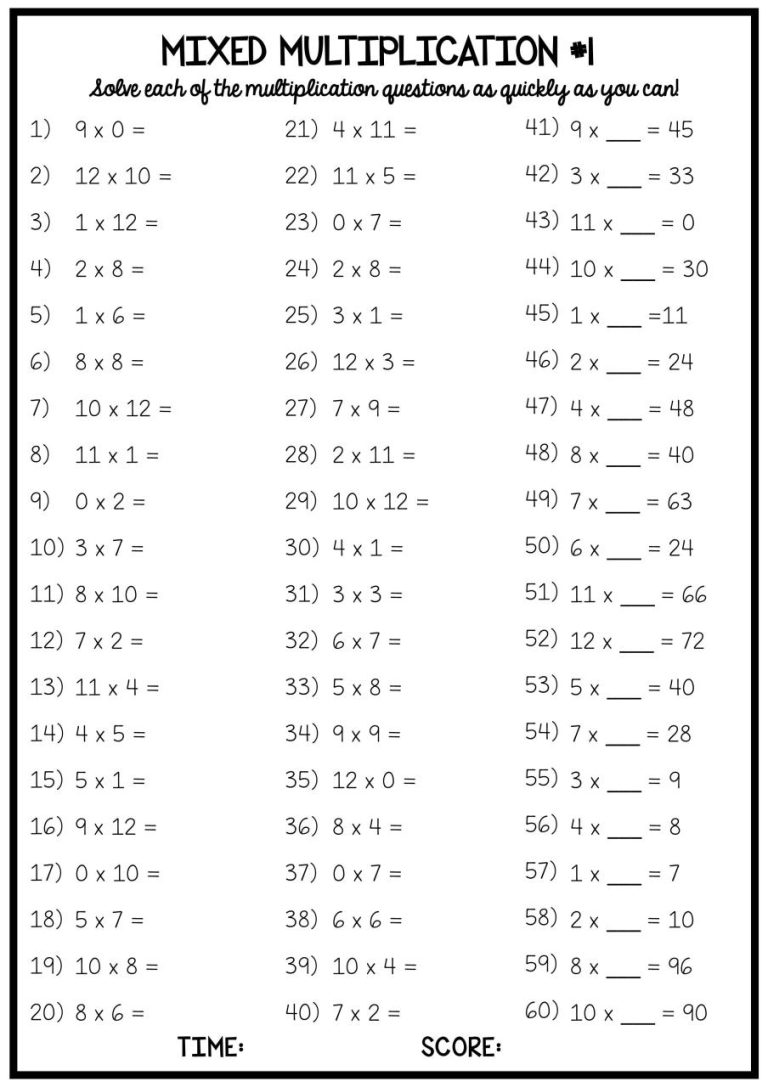 5th Grade Math Times Tables Worksheets
