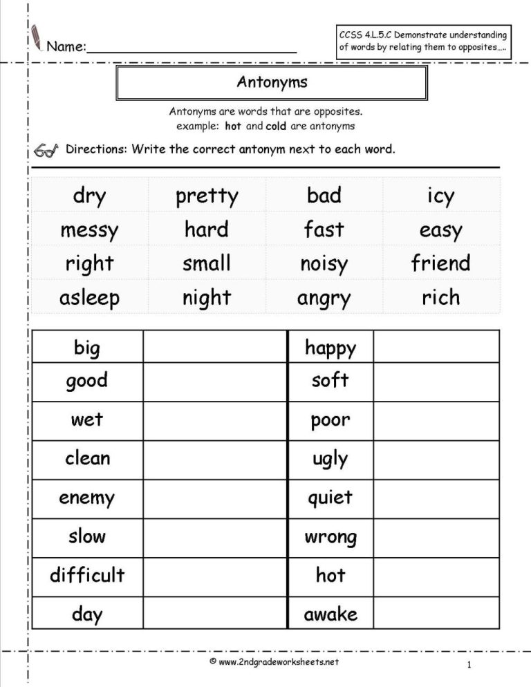 Antonyms Worksheets Pdf