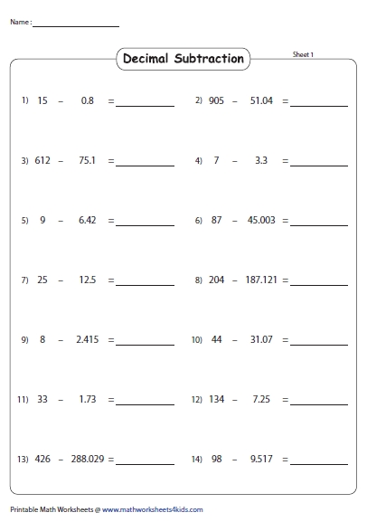 Subtracting Decimals Worksheet Grade 6