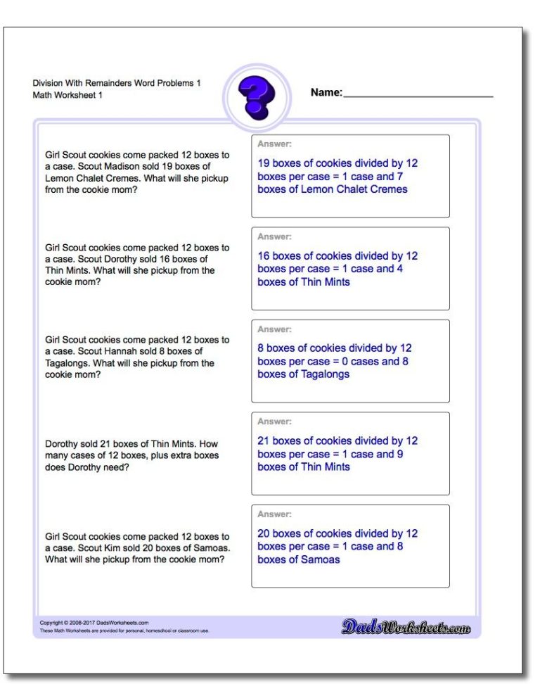 Math Worksheets Multiplication And Division Word Problems