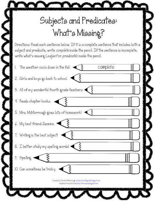 Simple Subject And Predicate Worksheets 4th Grade
