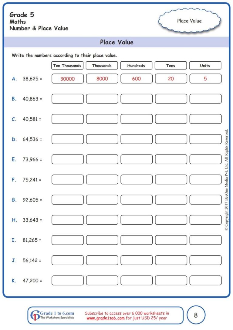 5th Grade Place Value Worksheets Grade 4