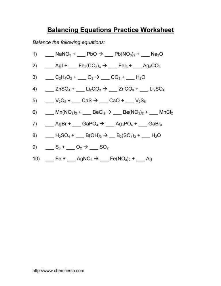 Balancing Chemical Equations Worksheet With Answers