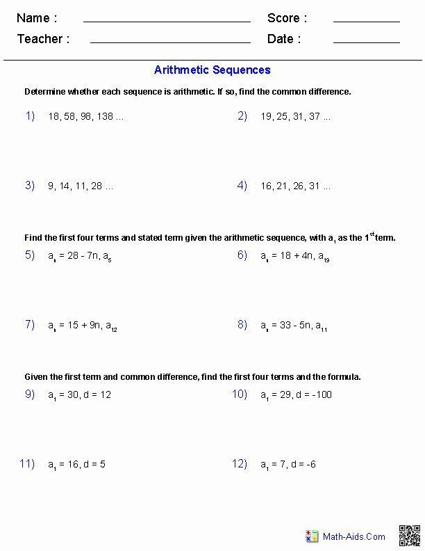 Arithmetic Sequence Worksheet Algebra 2 Answers