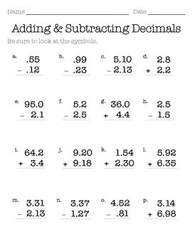 Adding And Subtracting Decimals Worksheets