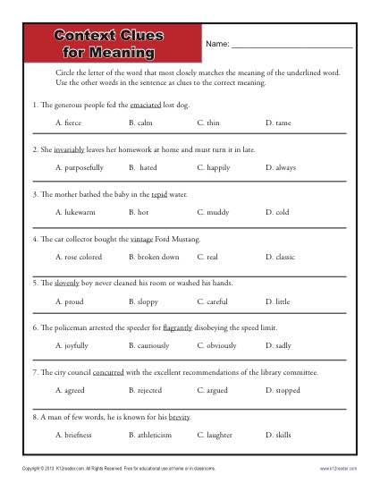 Word Meaning In Context Free Printable Worksheets 6 8 Grade