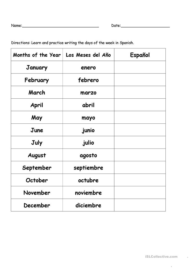 Days Of The Week In Spanish Worksheet Free