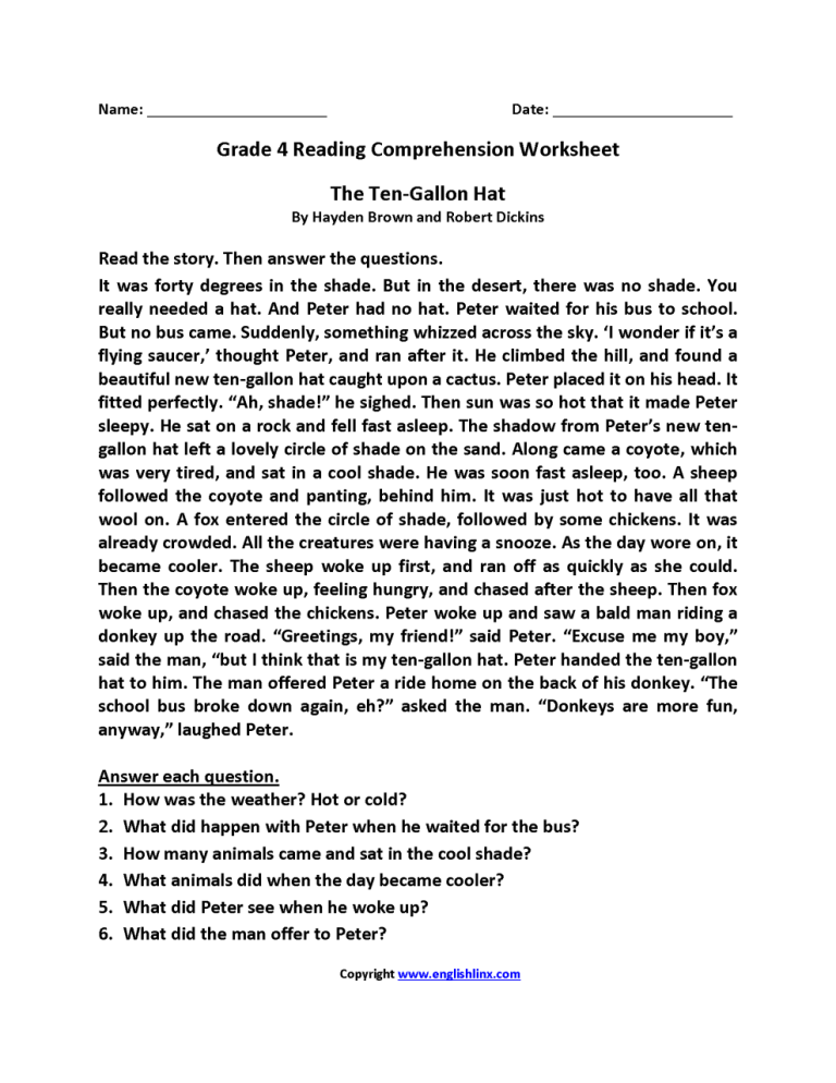 Fourth Grade Reading Comprehension Worksheets 4th Grade