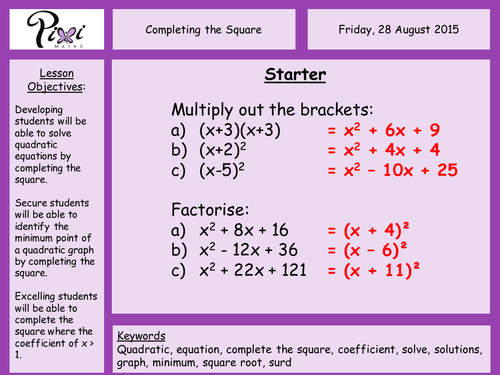 Solving Quadratic Equations By Completing The Square Worksheet Tes